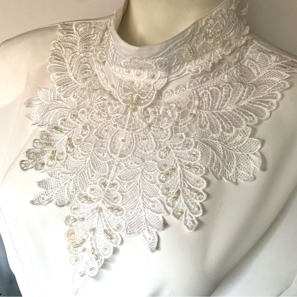 v i n t a g e :: Romantic Floral Lace High Neck Pearl Satin Blouse - Picture 10 of 14